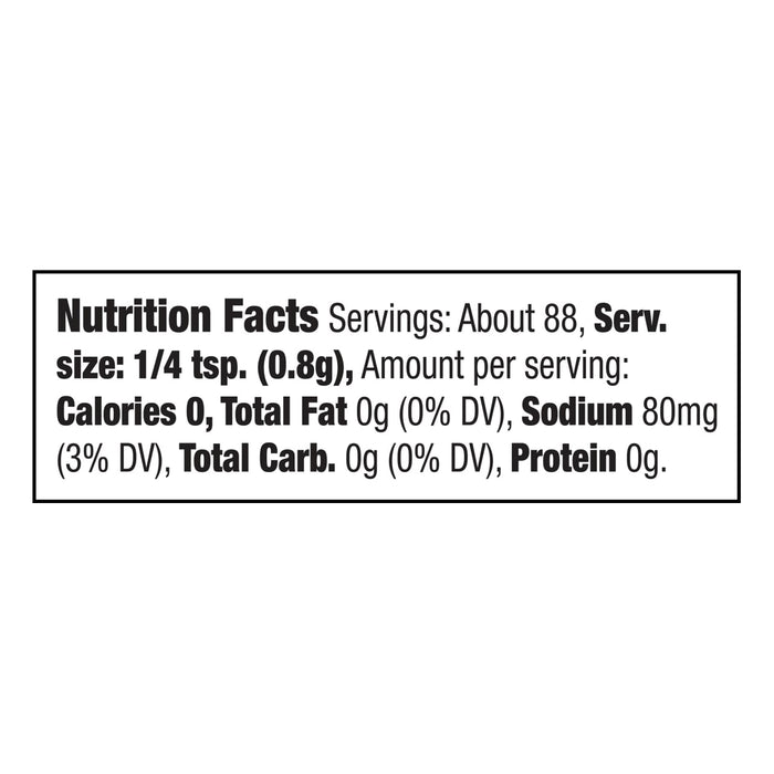 The nutrition facts label for Mccormick Sesame Ginger Seasoning, 2.5 Oz, indicates that a one-quarter teaspoon serving contains 0 calories, 0g of fat, 80mg of sodium, and 0g of protein.