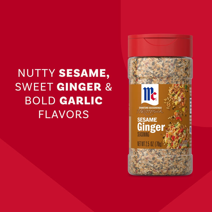 A bottle of Mccormick Sesame Ginger Seasoning, 2.5 Oz is displayed against a red background, with text on the left highlighting its Nutty Sesame, Sweet Ginger &amp; Bold Garlic Flavors.