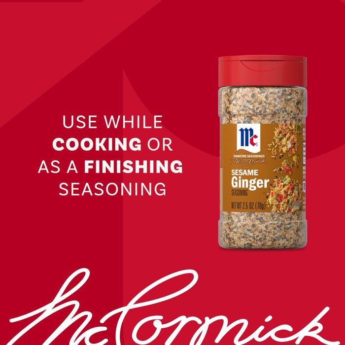 A bottle of Mccormick Sesame Ginger Seasoning, 2.5 Oz, is featured in a promotional image with the text Use while cooking or as a finishing seasoning on a red branded background.