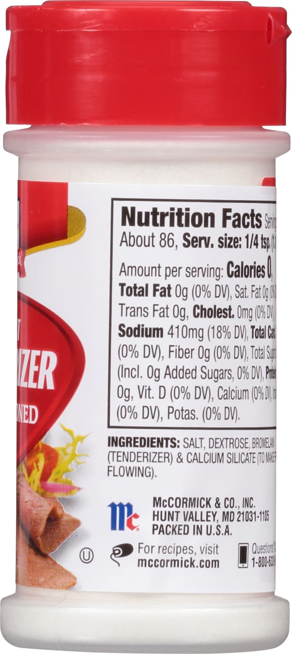 ["McCormick's nutrition facts and ingredients for their meat tenderizer."]