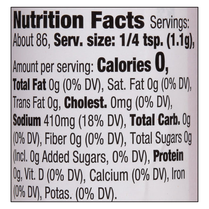 ['Nutrition facts label for a product with 0 calories per serving.']