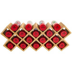 A wooden wine rack displays several bottles of red wine.