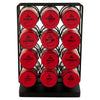 A Kamenstein spice rack with twelve red-topped spice jars is displayed.