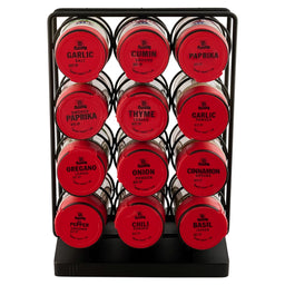 A Kamenstein spice rack with twelve red-topped spice jars is displayed.