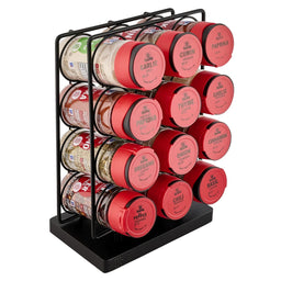 A black metal storage rack displays several red and other colored Nespresso Vertuo coffee pods.