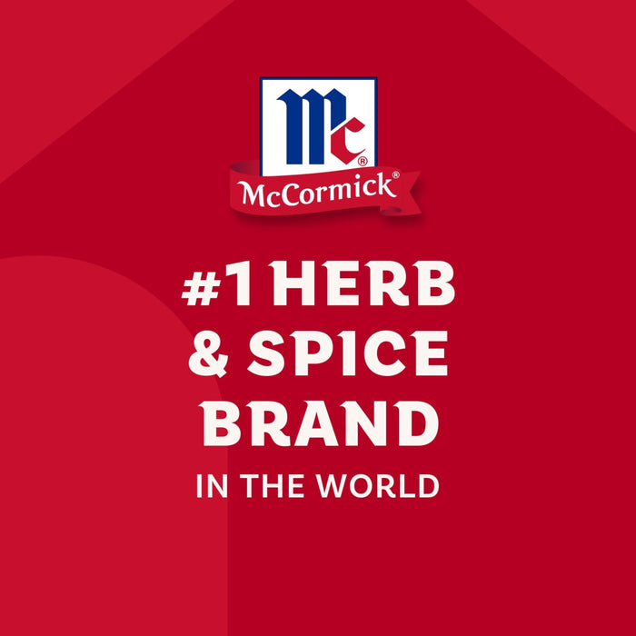 A McCormick promotional graphic, featuring a world map on a red background, declares it the #1 Herb &amp; Spice Brand in the World, representing products such as the Mccormick Spice Rack Red Cap Black Metal 12 Ct.