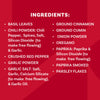 A detailed list of ingredients for the Mccormick Spice Rack Red Cap Black Metal 12 Ct, featuring spices such as basil leaves, chili powder, garlic salt, ground cumin, oregano, and paprika.