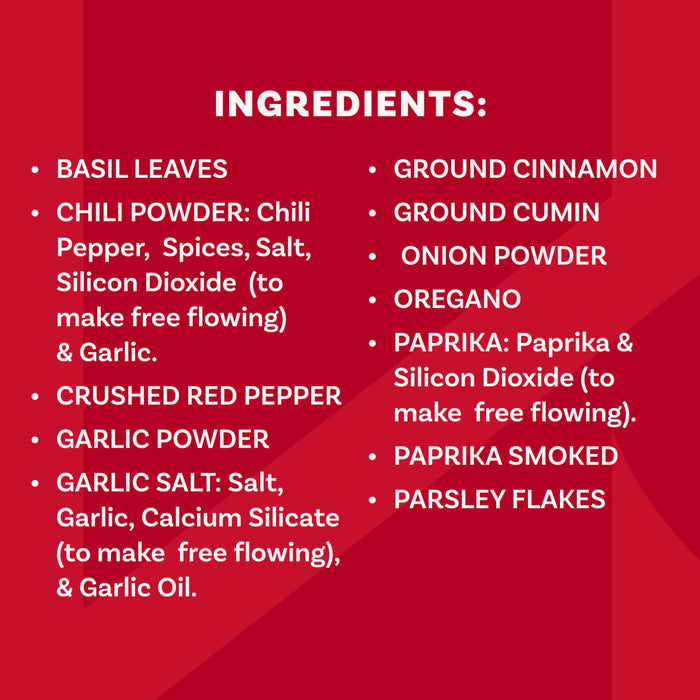 A detailed list of ingredients for the Mccormick Spice Rack Red Cap Black Metal 12 Ct, featuring spices such as basil leaves, chili powder, garlic salt, ground cumin, oregano, and paprika.