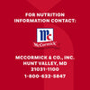 A red graphic providing nutrition information contact details for McCormick, including the company address and phone number, relevant to the Mccormick Spice Rack Red Cap Black Metal 12 Ct.