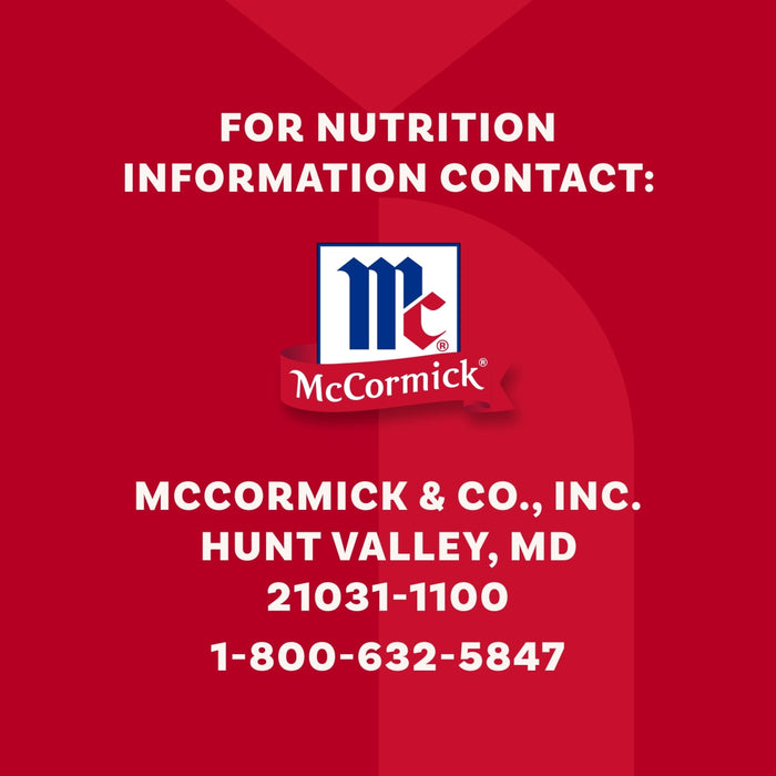 A red graphic providing nutrition information contact details for McCormick, including the company address and phone number, relevant to the Mccormick Spice Rack Red Cap Black Metal 12 Ct.