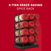 A Mccormick Spice Rack Red Cap Black Metal 12 Ct, a 4-tier space-saving rack, displays various spices like garlic salt, cumin, paprika, and oregano against a red background.