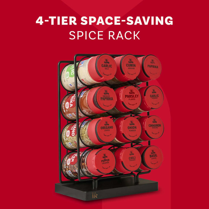 A Mccormick Spice Rack Red Cap Black Metal 12 Ct, a 4-tier space-saving rack, displays various spices like garlic salt, cumin, paprika, and oregano against a red background.