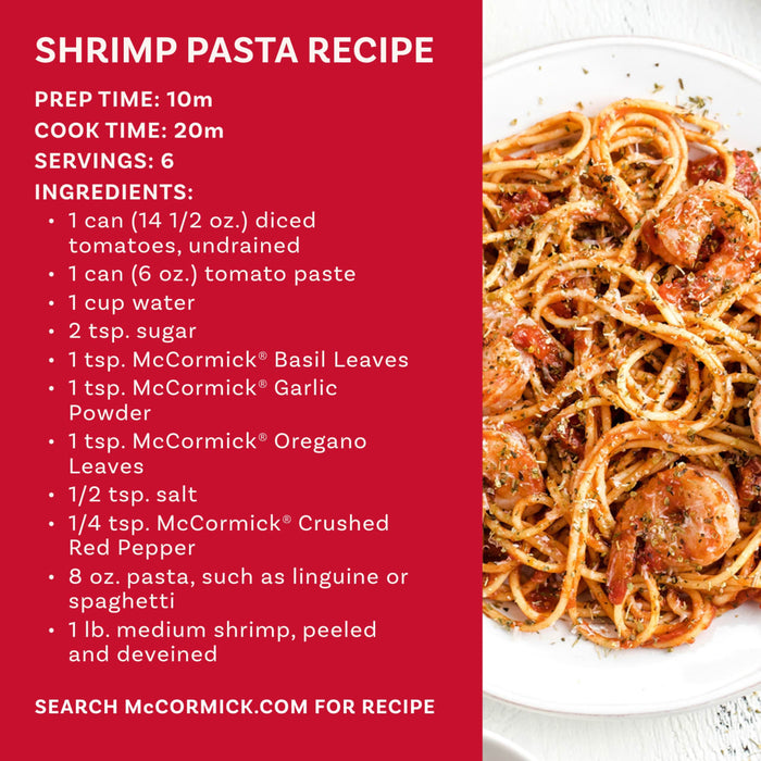 A McCormick shrimp pasta recipe card, featuring ingredients like McCormick Basil Leaves and Garlic Powder, which are typically found in a Mccormick Spice Rack Red Cap Black Metal 12 Ct, displayed next to a plate of the finished pasta dish.