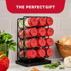 A Mccormick Spice Rack Red Cap Black Metal 12 Ct, filled with McCormick spices such as garlic salt, paprika, and basil, is presented on a kitchen counter with fresh herbs and cinnamon sticks, alongside the text The Perfect Gift on a red background.