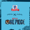 A promotional graphic for a collaboration between McCormick, maker of products such as the Mccormick, 10.49 Oz, and the Netflix series One Piece, set against a blue, sea-themed background.