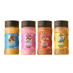 A collection of four limited edition McCormick One Piece seasonings, which together form the Mccormick, 10.49 Oz set, includes Sanji's Baratie Seasoning, Chopper's Cotton Candy Finishing Sugar, King of the Meats Seasoning, and The One Spice All-Purpose Seasoning, all shown in a row.