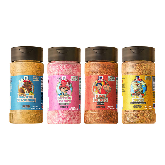 A collection of four limited edition McCormick One Piece seasonings, which together form the Mccormick, 10.49 Oz set, includes Sanji's Baratie Seasoning, Chopper's Cotton Candy Finishing Sugar, King of the Meats Seasoning, and The One Spice All-Purpose Seasoning, all shown in a row.