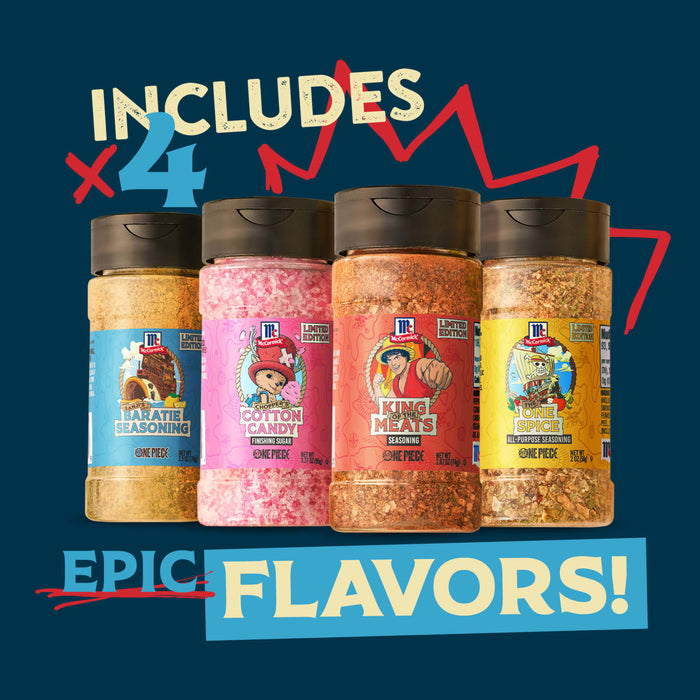 The Mccormick, 10.49 Oz One Piece limited edition set includes four themed seasonings: Sanjis Baratie Seasoning, Choppers Cotton Candy Finishing Sugar, King of the Meats Seasoning, and The One Spice All-Purpose Seasoning, shown against a blue background with the text Epic Flavors!