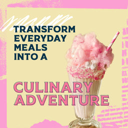 A graphic advertisement for a product like Mccormick, 10.49 Oz, features an elaborate pink milkshake topped with cotton candy next to the text, Transform everyday meals into a culinary adventure.