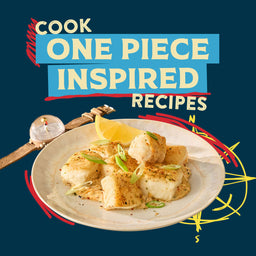 A plate of cooked fish chunks, seasoned with a product from Mccormick, 10.49 Oz, is featured in a promotional image for Cook One Piece Inspired Recipes.