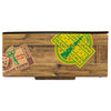 The side of a package for Mccormick, 10.49 Oz is designed to look like a wooden crate with travel-themed stickers for Logue Town and Twin Cape.