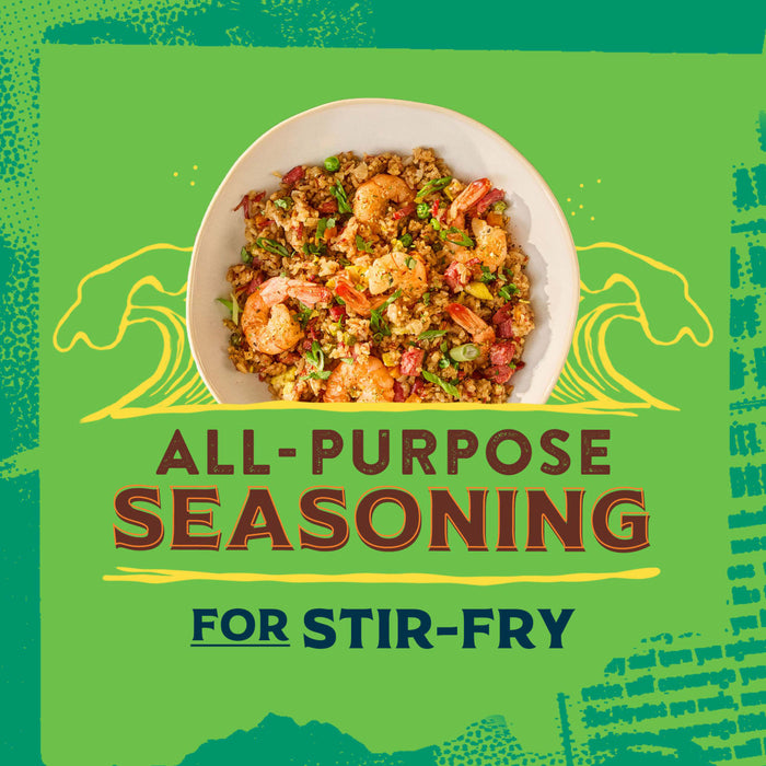 A bowl of shrimp stir-fry is centered on a green graphic background advertising the Mccormick, 10.49 Oz All-Purpose Seasoning for Stir-Fry.