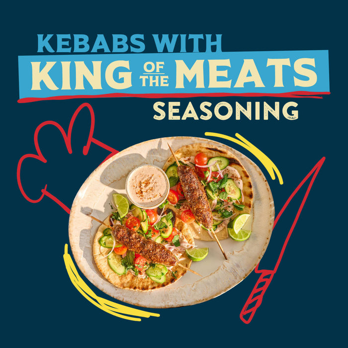 This promotional image features two delicious-looking kebabs on pita bread, suggesting a recipe made with the Mccormick, 10.49 Oz seasoning.