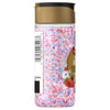 A side view of a clear shaker bottle of Mc Mixed Berry Fin Sgr 72/6/3.15 Oz shows the red, white, and blue sugar crystals inside, with the label detailing serving suggestions like yogurt, fruit, and pancakes.
