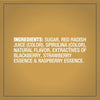 The ingredients list for Mc Mixed Berry Fin Sgr 72/6/3.15 Oz is displayed on a golden background, showing sugar, red radish juice, and spirulina for color.