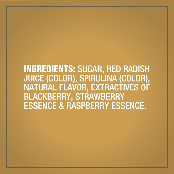 The ingredients list for Mc Mixed Berry Fin Sgr 72/6/3.15 Oz is displayed on a golden background, showing sugar, red radish juice, and spirulina for color.