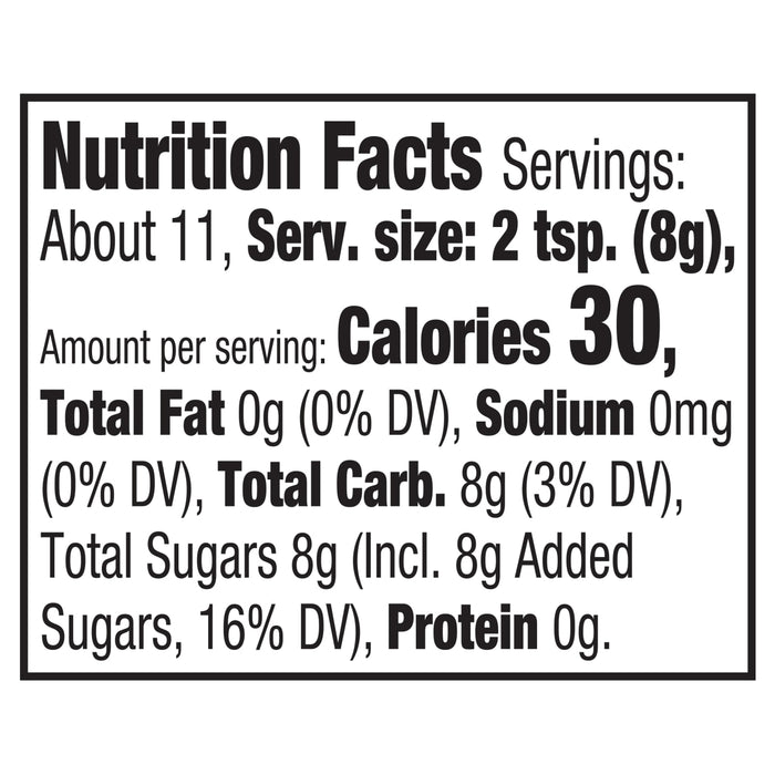 The nutrition facts label for Mc Mixed Berry Fin Sgr 72/6/3.15 Oz, indicating that a 2 teaspoon serving contains 30 calories, 8g of total carbohydrates, and 8g of total sugars.