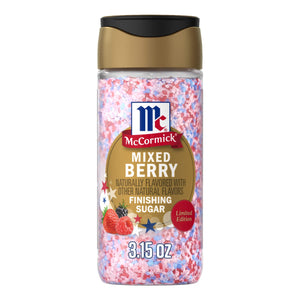 A clear shaker bottle of Mc Mixed Berry Fin Sgr 72/6/3.15 Oz, showing the red, white, and blue sugar crystals inside, with a label featuring the McCormick logo, illustrations of berries, and the words Mixed Berry Finishing Sugar.