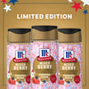 A promotional image for the limited edition Mc Mixed Berry Fin Sgr 72/6/3.15 Oz features three bottles of the red, white, and blue finishing sugar against a gold background with patriotic stars.