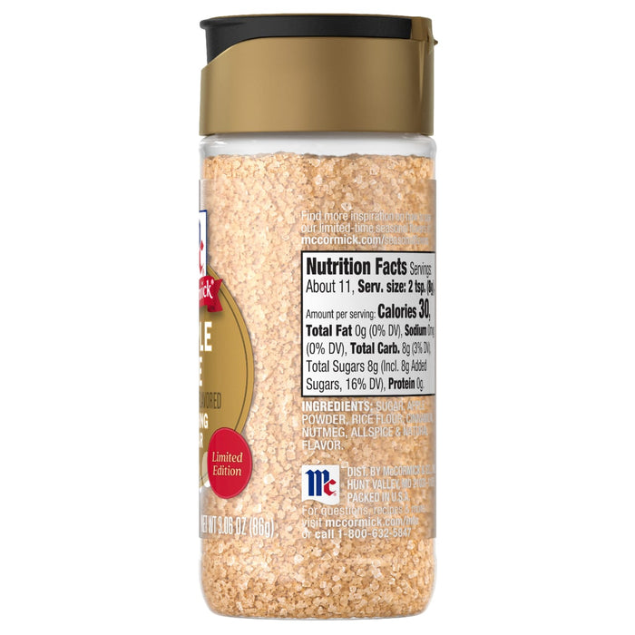 The back of a bottle of Mccormick, 3.06 Oz apple flavored seasoning, showing the nutrition facts and ingredients which include sugar, apple powder, and spices.