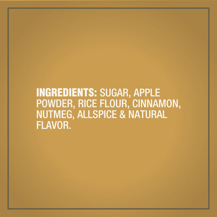 A list of ingredients for the Mccormick Apple Pie Finishing Sugar, 3.06 Oz is displayed on a golden-brown background.