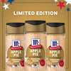 A promotional image displays three bottles of the limited edition Mccormick Apple Pie Finishing Sugar, 3.06 Oz, against a gold background with red, white, and blue stars.