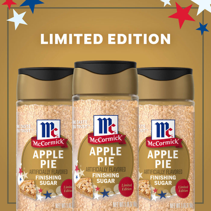 A promotional image displays three bottles of the limited edition Mccormick Apple Pie Finishing Sugar, 3.06 Oz, against a gold background with red, white, and blue stars.