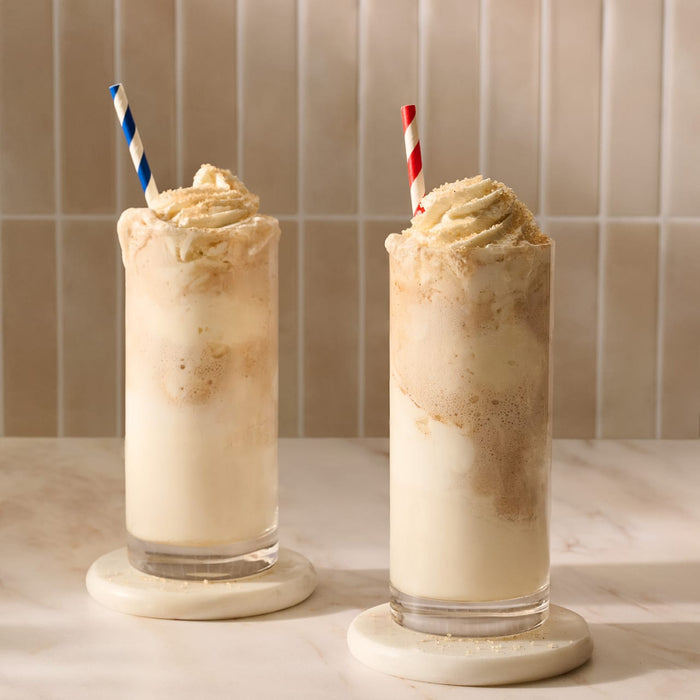 Two tall glasses of creamy milkshakes are topped with whipped cream and a sprinkle of Mccormick Apple Pie Finishing Sugar, 3.06 Oz.
