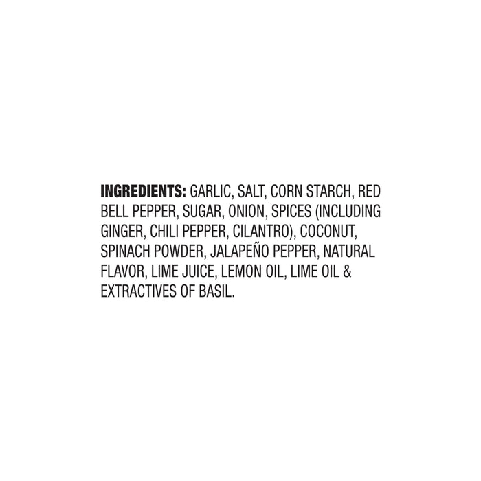 A list of ingredients for Mc Thai Gn Curry Mix including garlic, salt, corn starch, red bell pepper, sugar, onion, and spices like ginger, chili pepper, and cilantro.
