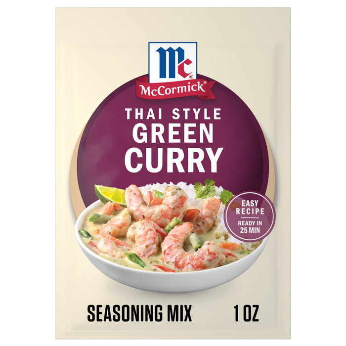 A one ounce package of Mc Thai Gn Curry Mix featuring a bowl of shrimp and vegetables in a creamy green sauce over rice.