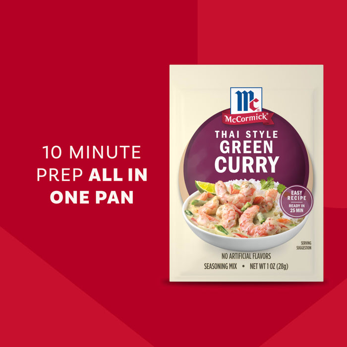 A promotional graphic for Mc Thai Gn Curry Mix featuring a seasoning packet next to a bowl of shrimp and vegetables over rice with text highlighting a ten minute prep time in one pan.