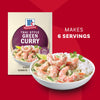 A package of Mc Thai Gn Curry Mix is displayed next to a prepared bowl of shrimp and vegetable green curry over rice which makes 6 servings.