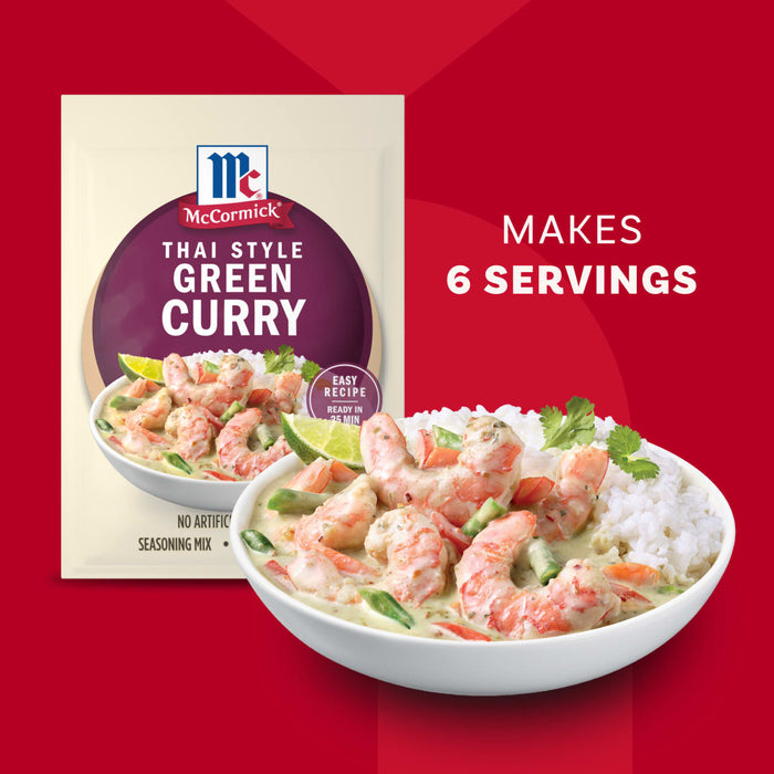 A package of Mc Thai Gn Curry Mix is displayed next to a prepared bowl of shrimp and vegetable green curry over rice which makes 6 servings.