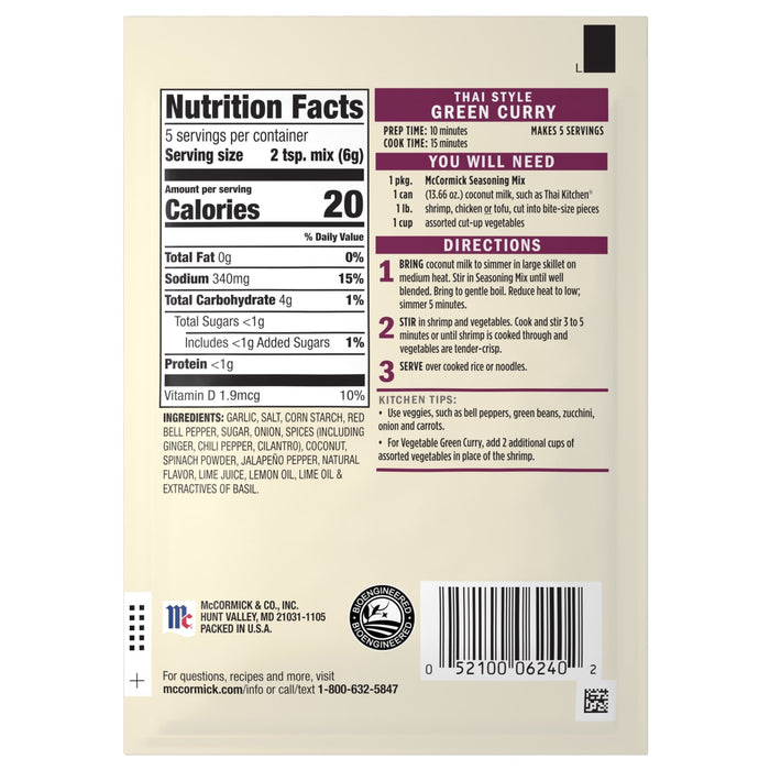 The back of a package of Mc Thai Gn Curry Mix provides nutrition facts, a list of ingredients including garlic and coconut, and step-by-step cooking directions for a Thai-style green curry.