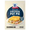 A 1.25 ounce packet of Mc Chkn Pot Pie Mix by McCormick featuring a photo of a golden crust over a creamy chicken and vegetable filling.