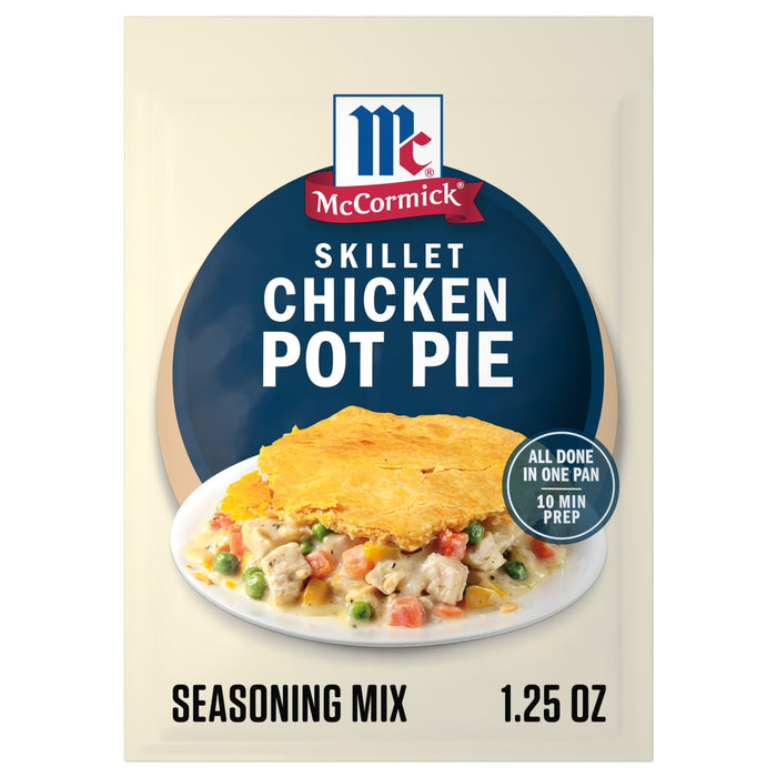 A 1.25 ounce packet of Mc Chkn Pot Pie Mix by McCormick featuring a photo of a golden crust over a creamy chicken and vegetable filling.