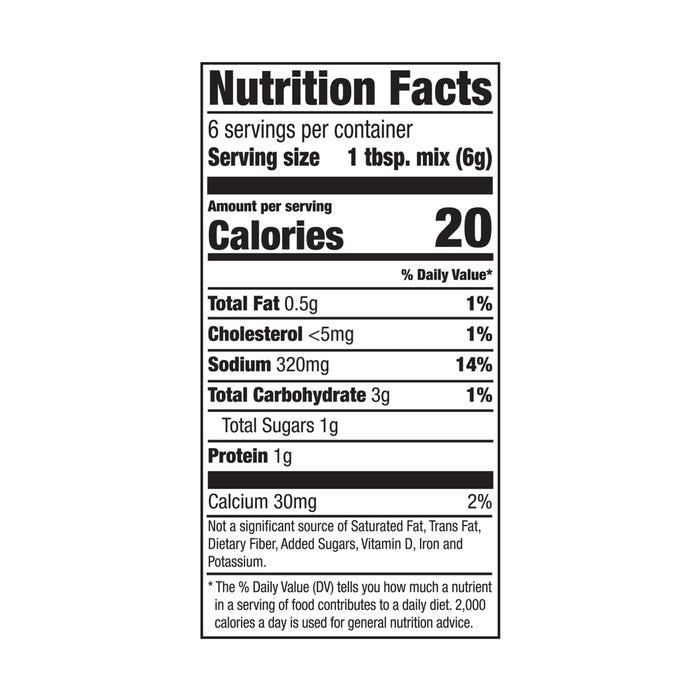 A nutrition facts label for Mc Chkn Pot Pie Mix showing 20 calories and 320 milligrams of sodium per serving.
