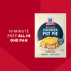 A promotional graphic for Mc Chkn Pot Pie Mix highlights that it is a one pan meal with a ten minute prep time and no artificial flavors.