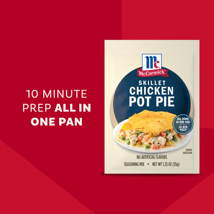 A promotional graphic for Mc Chkn Pot Pie Mix highlights that it is a one pan meal with a ten minute prep time and no artificial flavors.