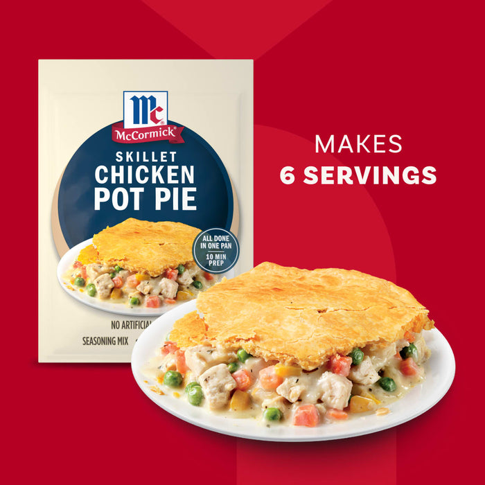 A package of Mc Chkn Pot Pie Mix is displayed next to a prepared serving of the skillet chicken pot pie which makes 6 servings and features no artificial flavors.